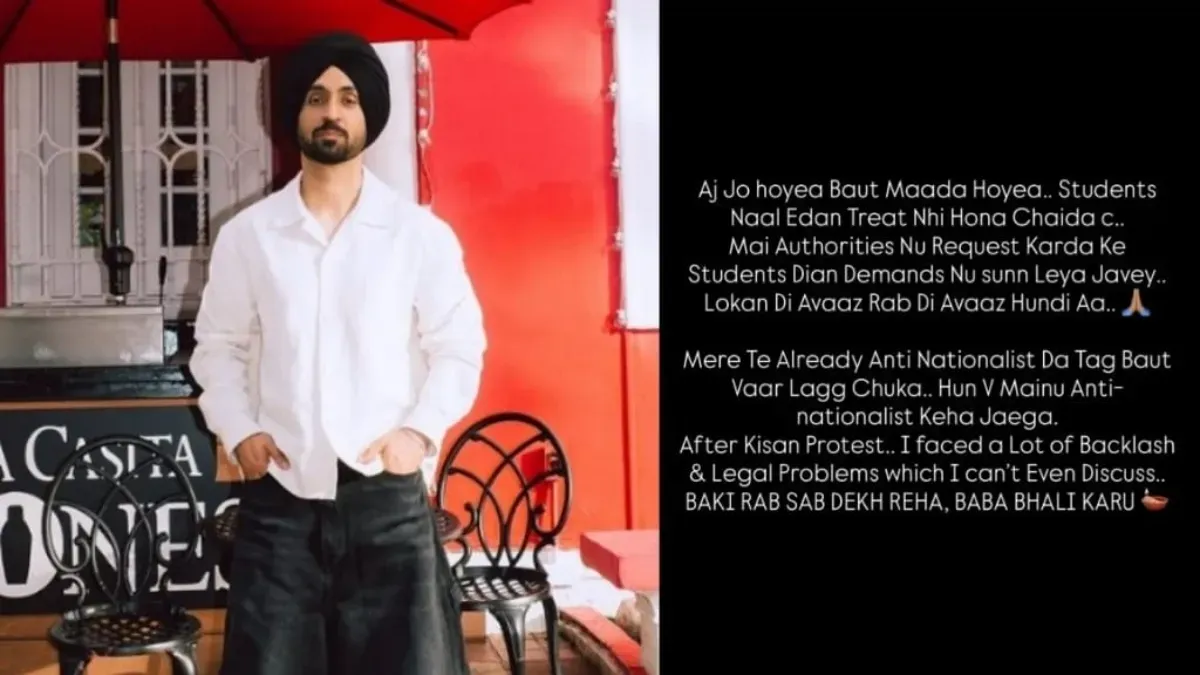 Diljit Dosanjh speaking passionately at a protest, showing support for students.
