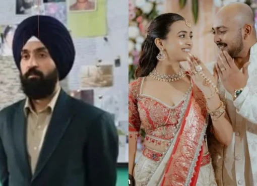 A collage showing Diljit Dosanjh on stage and a blurred photo of Prithvi Shaw and Akriti Agarwal.