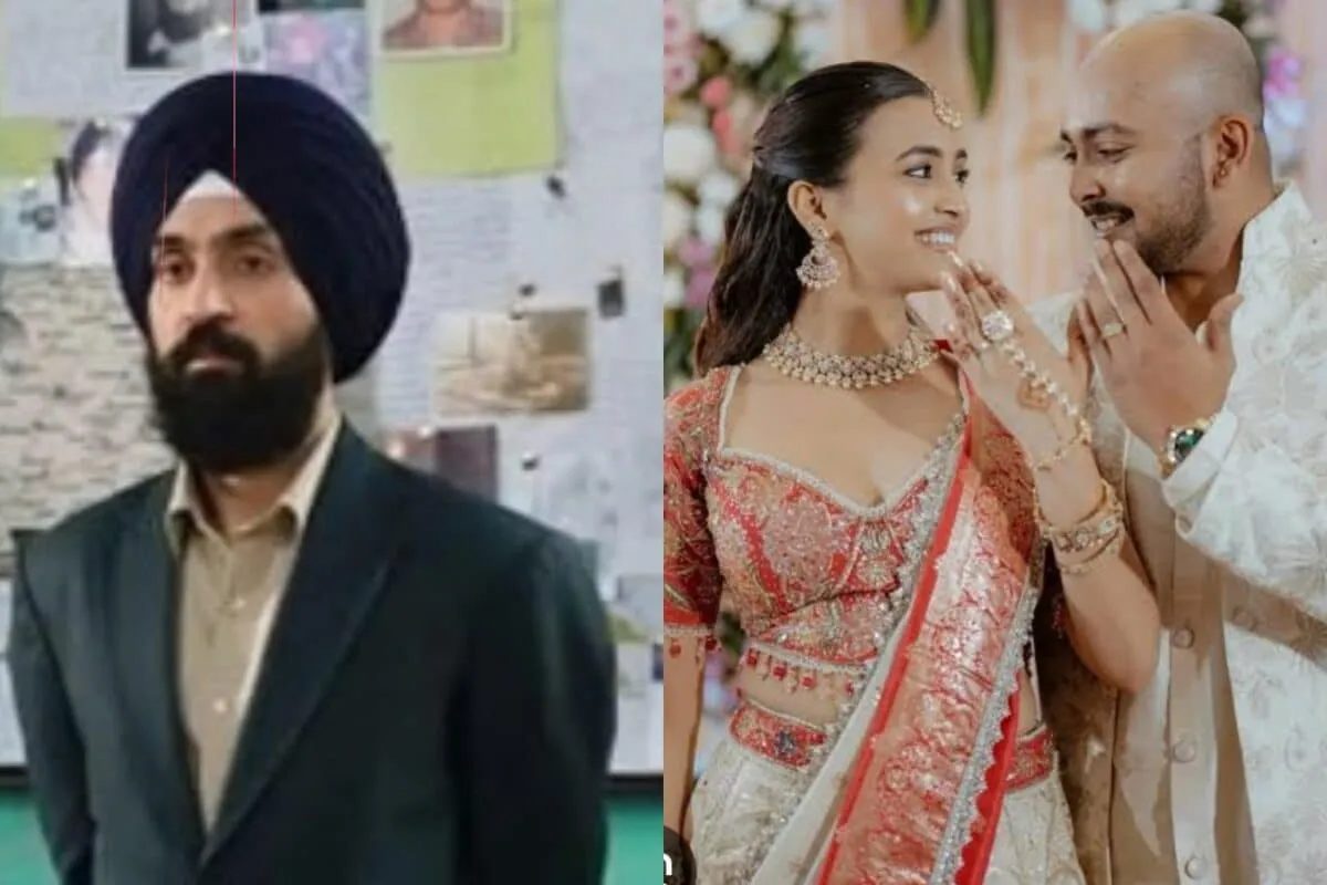 A collage showing Diljit Dosanjh on stage and a blurred photo of Prithvi Shaw and Akriti Agarwal.