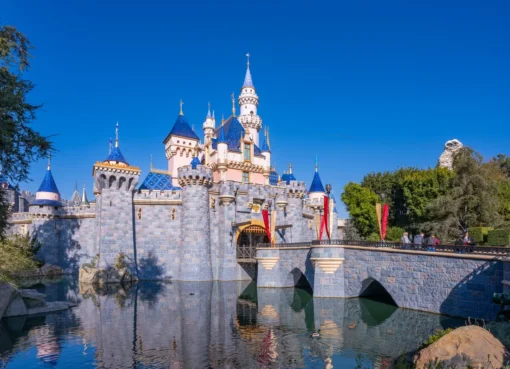 The Disneyland castle lit up with colorful lights at night during the summer