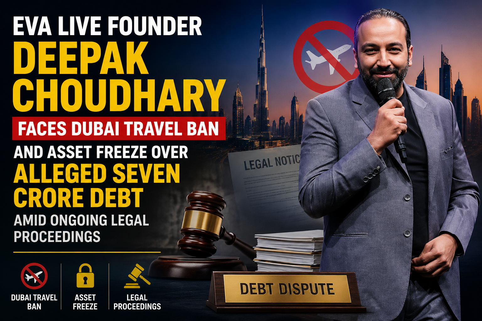 EVA Live Founder Deepak Choudhary Faces Dubai Travel Ban and Asset Freeze Over Alleged ₹7 Crore Debt