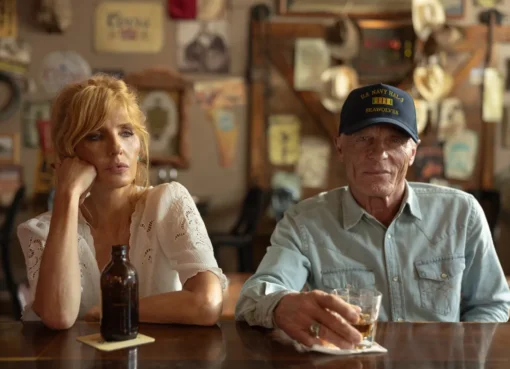 Ed Harris looking serious on the set of Dutton Ranch.