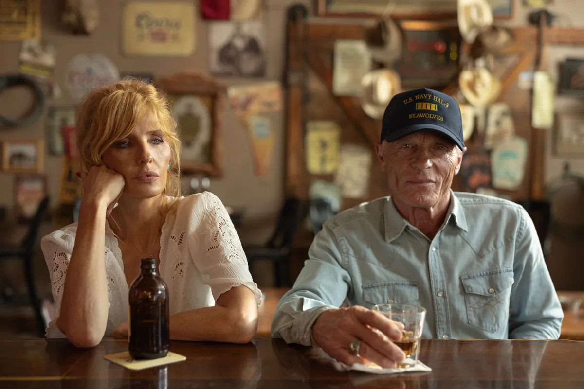 Ed Harris looking serious on the set of Dutton Ranch.
