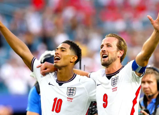 Jude Bellingham celebrates scoring a goal for England at the FIFA World Cup.
