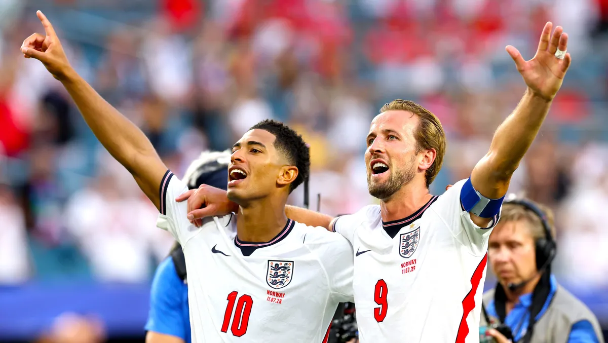Jude Bellingham celebrates scoring a goal for England at the FIFA World Cup.