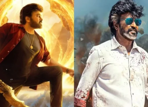Photo illustration showing Chiranjeevi and Rajinikanth's movie posters side-by-side, teasing a big box office clash.