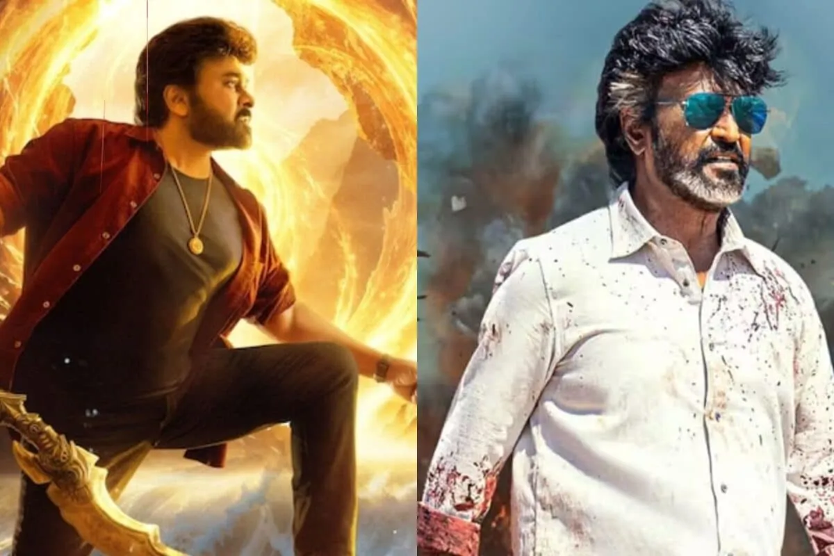 Photo illustration showing Chiranjeevi and Rajinikanth's movie posters side-by-side, teasing a big box office clash.