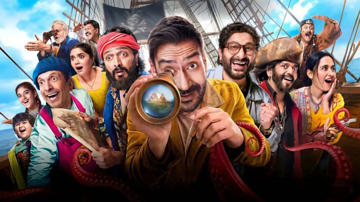 Poster for Dhamaal 4 showing Ajay Devgn, Riteish Deshmukh, and Arshad Warsi laughing.