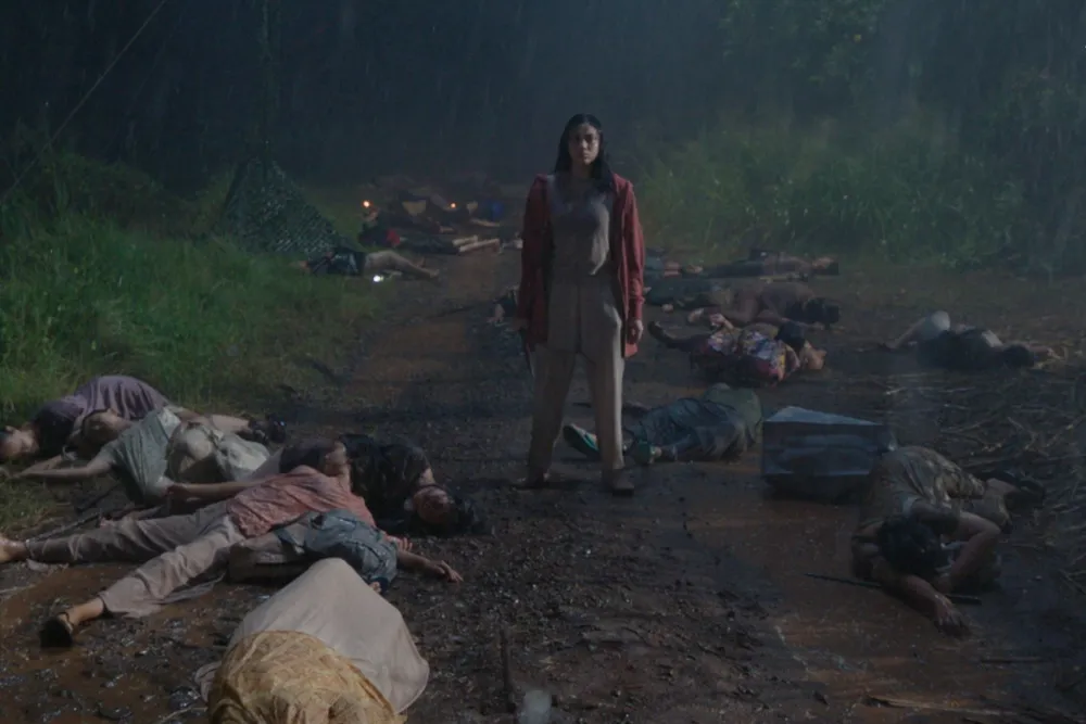 First-look image from the horror film 'Whispers of Fatimah', showing a dark and mysterious scene.
