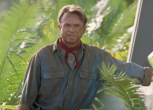 A dynamic collage showing Sam Neill as Dr. Alan Grant in Jurassic Park, a character from The Piano, and his villainous role in Peaky Blinders.