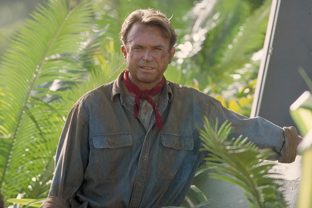 A dynamic collage showing Sam Neill as Dr. Alan Grant in Jurassic Park, a character from The Piano, and his villainous role in Peaky Blinders.