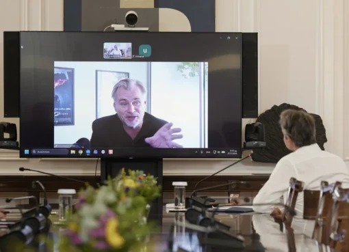 Christopher Nolan in a video call with Greek Prime Minister Kyriakos Mitsotakis.