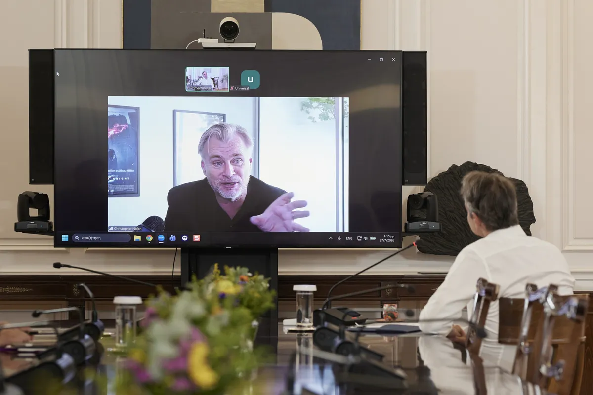 Christopher Nolan in a video call with Greek Prime Minister Kyriakos Mitsotakis.