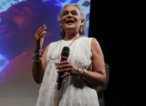 Arundhati Roy speaking on stage at BFI Southbank.