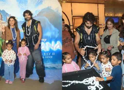 Gurmeet Choudhary and Debinna Bonnerjee with their twin daughters enjoying a special Moana screening.