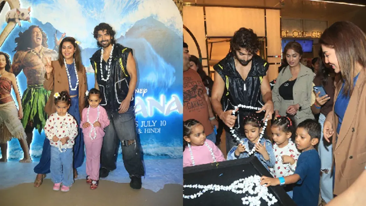Gurmeet Choudhary and Debinna Bonnerjee with their twin daughters enjoying a special Moana screening.