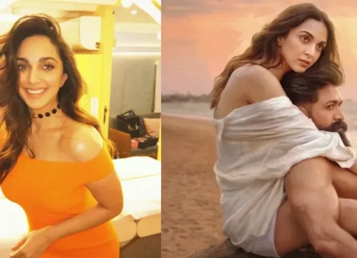 Kiara Advani smiling and looking vibrant, with a dynamic, colourful background suggesting a music video.