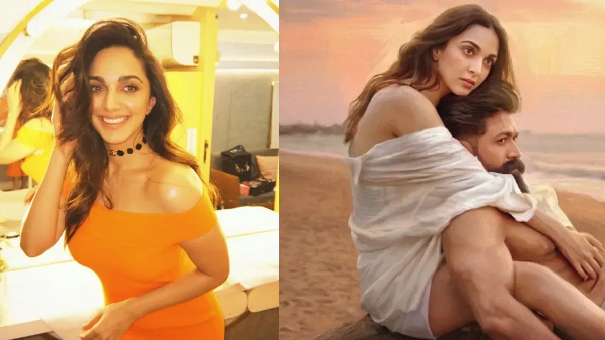 Kiara Advani smiling and looking vibrant, with a dynamic, colourful background suggesting a music video.
