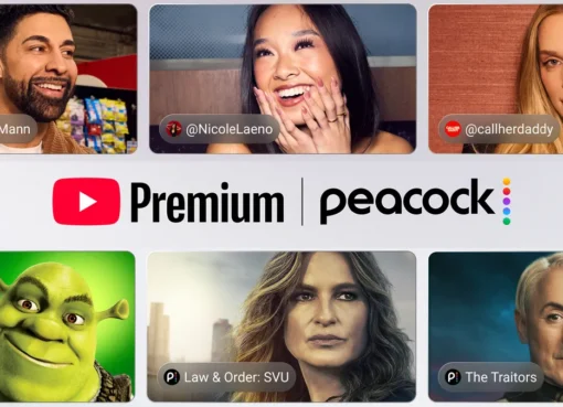Screenshot showing YouTube and Peacock logos side-by-side, symbolizing their new streaming partnership.