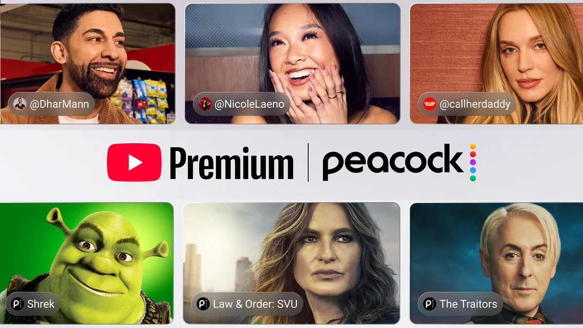 Screenshot showing YouTube and Peacock logos side-by-side, symbolizing their new streaming partnership.