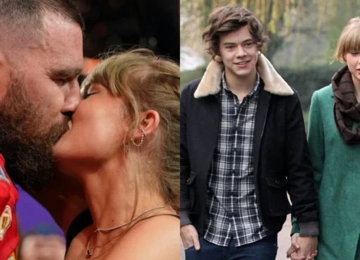 Taylor Swift and Travis Kelce walking together looking happy
