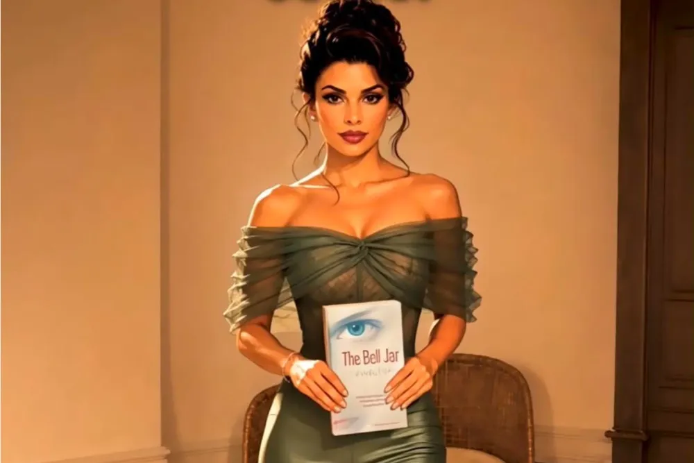 Jacqueline Fernandez smiling warmly, possibly with a futuristic or AI-themed visual element.