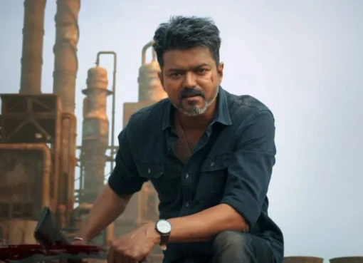 Thalapathy Vijay in an intense action pose from the movie Jana Nayagan