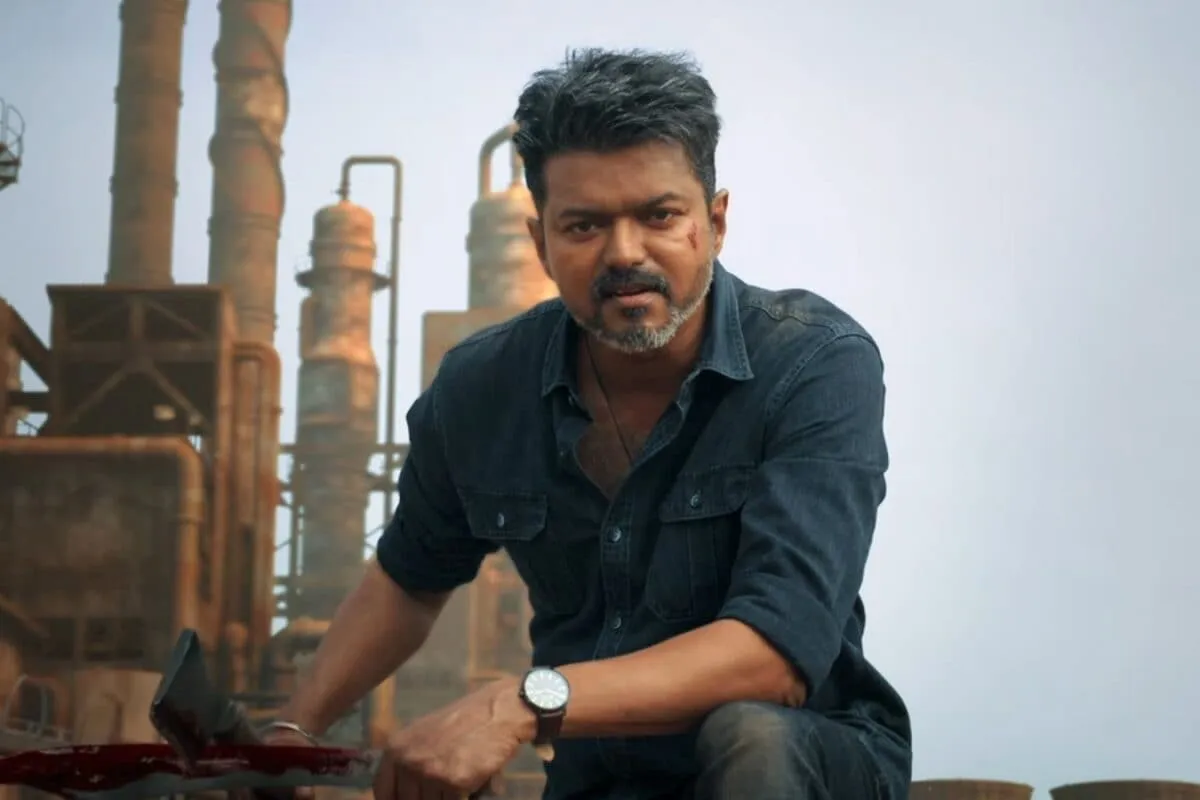 Thalapathy Vijay in an intense action pose from the movie Jana Nayagan