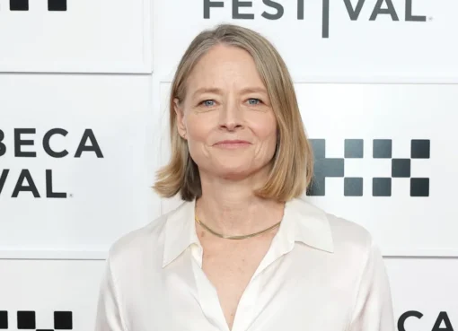 Jodie Foster speaking at the Aspen Festival, looking thoughtful and engaged as she discusses Hollywood's future.
