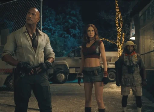 Dwayne Johnson, Kevin Hart, Jack Black, and Karen Gillan in a still from the Jumanji: Open World trailer.