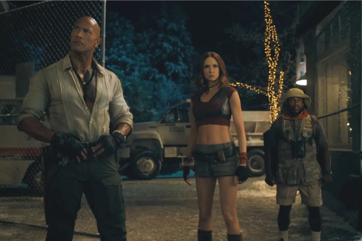 Dwayne Johnson, Kevin Hart, Jack Black, and Karen Gillan in a still from the Jumanji: Open World trailer.
