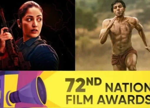 Kartik Aaryan and Yami Gautam holding National Film Awards trophies.