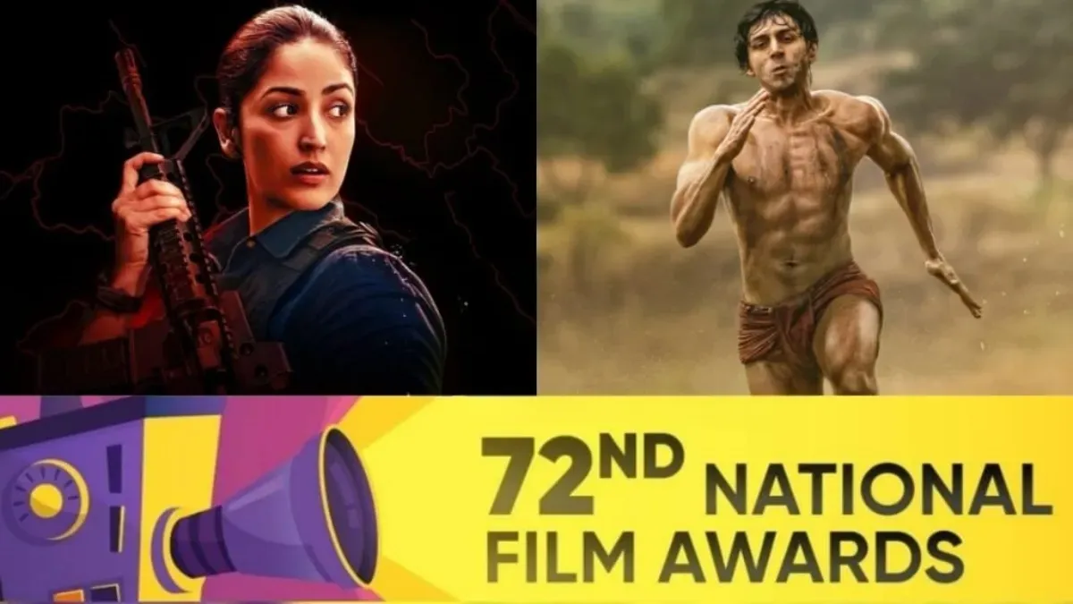 Kartik Aaryan and Yami Gautam holding National Film Awards trophies.