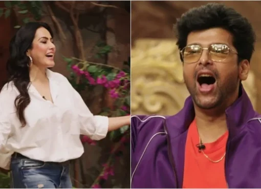 Kushal Tandon looking surprised as Kamya Punjabi enters a brightly lit stage on the reality show Alliance.