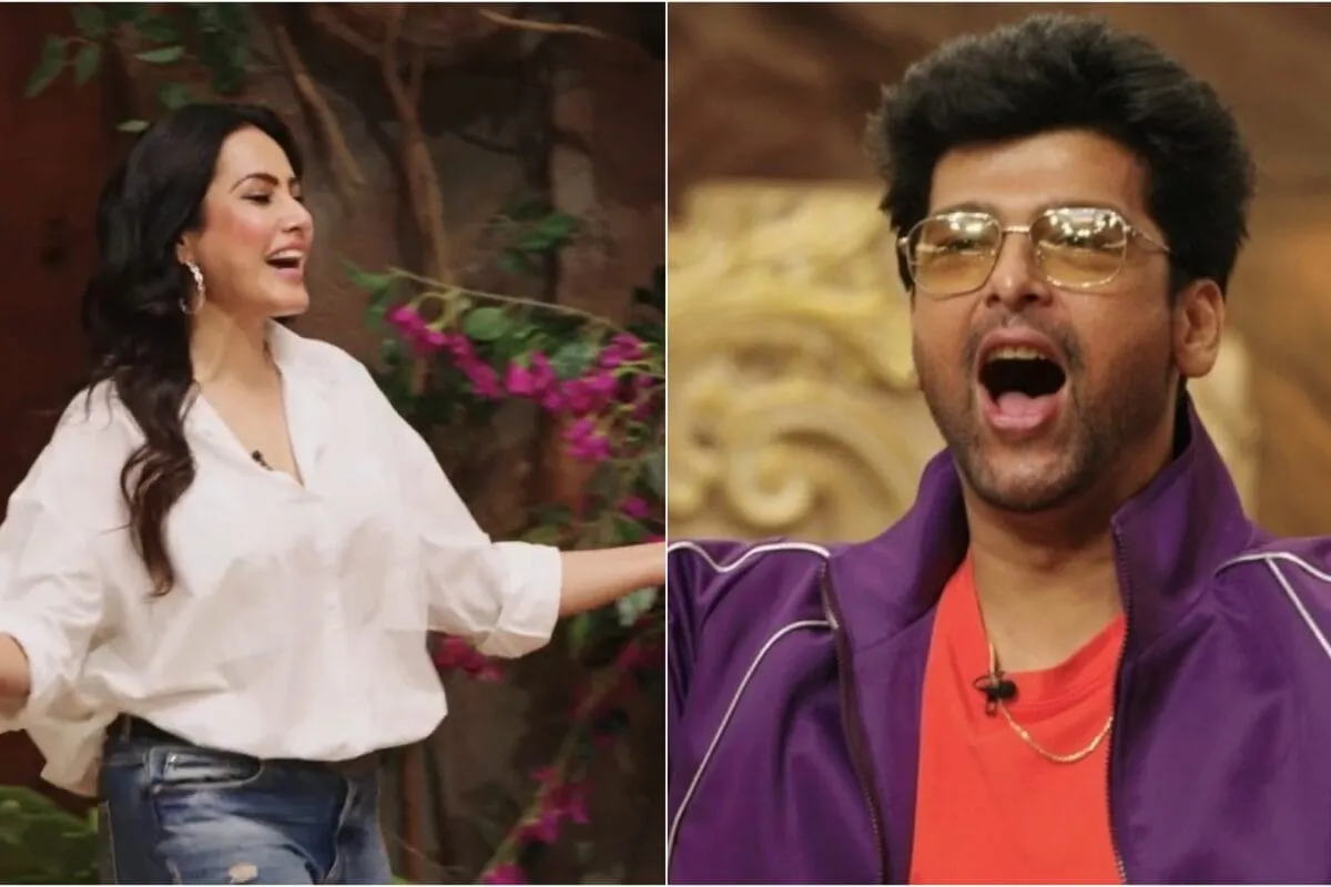 Kushal Tandon looking surprised as Kamya Punjabi enters a brightly lit stage on the reality show Alliance.