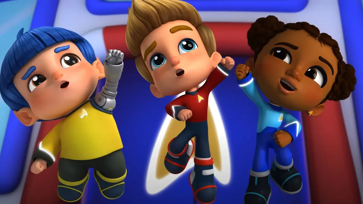Animated characters from Star Trek Scouts waving.