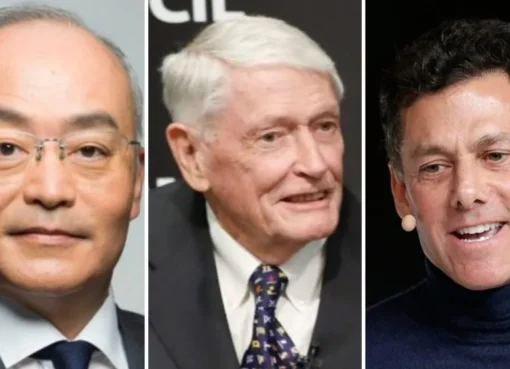 Prominent media executives John Malone, Hiroki Totoki, and Strauss Zelnick speaking at a professional summit.