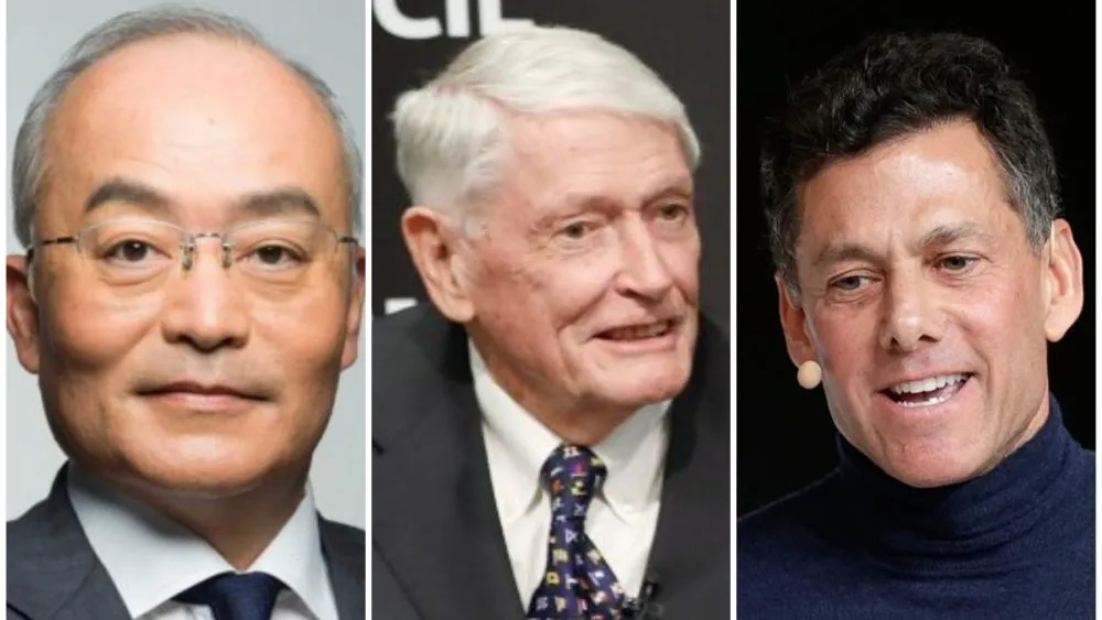 Prominent media executives John Malone, Hiroki Totoki, and Strauss Zelnick speaking at a professional summit.