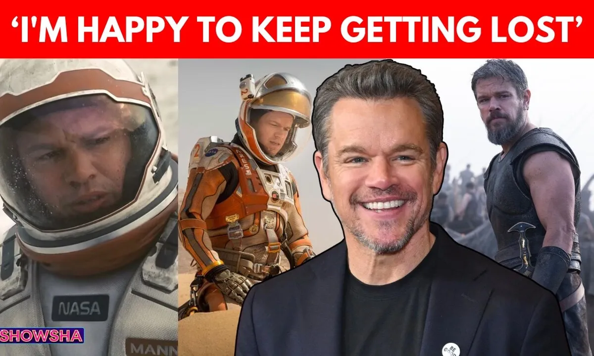 Matt Damon smiling on a colorful red carpet at a film premiere