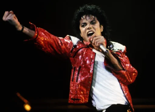 Michael Jackson mid-performance, looking dynamic with a classic pop star aesthetic.