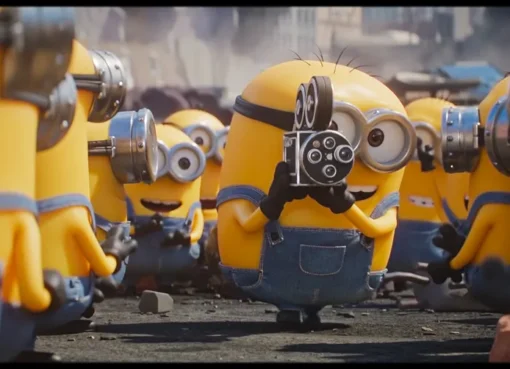 Minions characters watching classic films.
