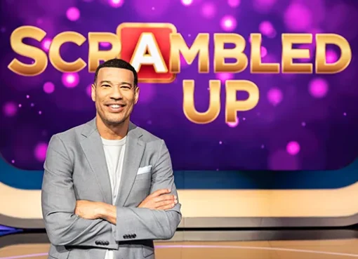 A bright and colorful game show set with word puzzles