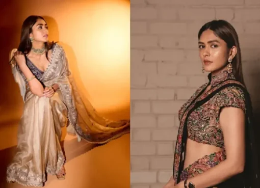 Mrunal Thakur smiling gracefully in a beautiful modern saree.