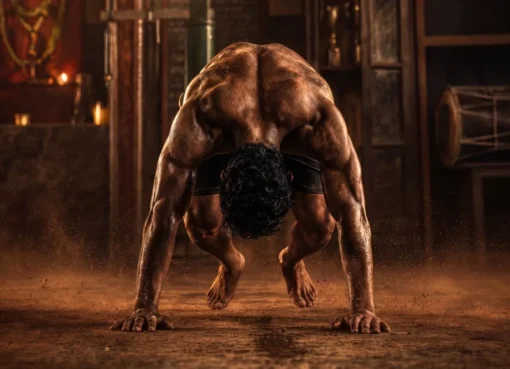 Still from Nagraj Manjule's 'Khashaba' teaser, showing a determined wrestler in a gritty, earthy-toned setting.