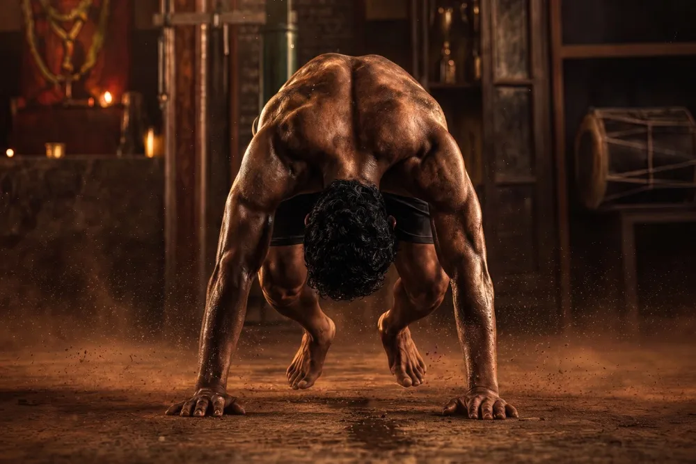 Still from Nagraj Manjule's 'Khashaba' teaser, showing a determined wrestler in a gritty, earthy-toned setting.