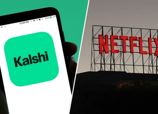 A stylized graphic showing the Netflix logo and a magnifying glass over a stock market chart.