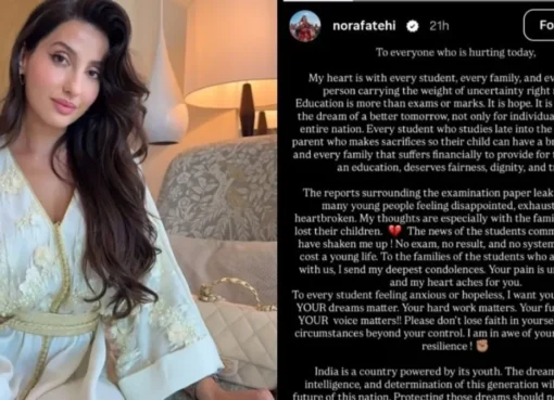 Nora Fatehi looking serious while sharing a message of support