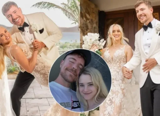 MrBeast, Jimmy Donaldson, and Thea Booysen smiling happily together on their wedding day.
