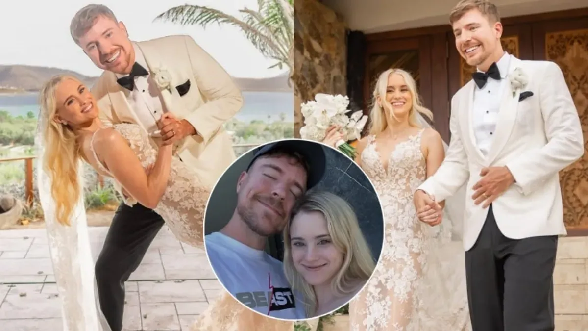 MrBeast, Jimmy Donaldson, and Thea Booysen smiling happily together on their wedding day.