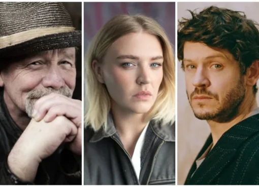 Peter Mullan, Rebecca Lucy Taylor, and Iwan Rheon standing on a mountain peak